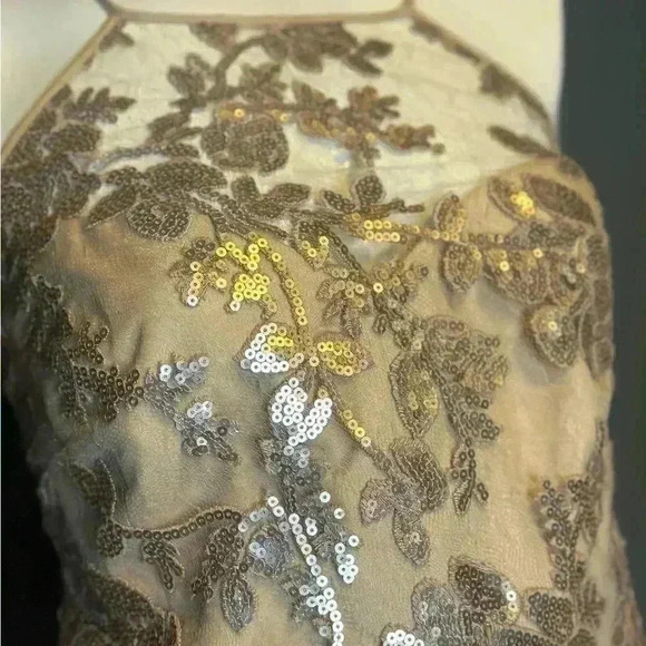 AMSALE Dress 14 Sequin Embellished Maxi Halter Neck Tulle A-Line Cocktail Beige - Picture 14 of 14